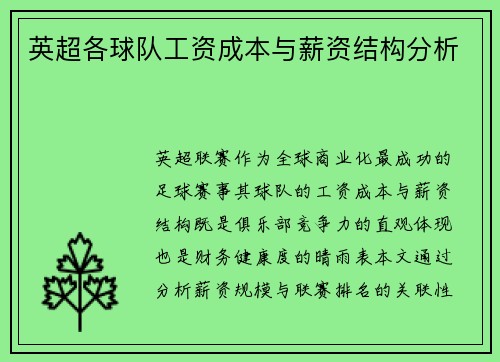 英超各球队工资成本与薪资结构分析