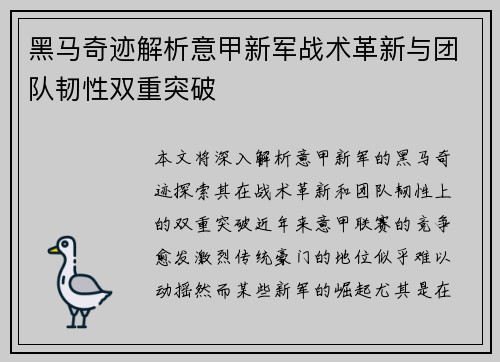 黑马奇迹解析意甲新军战术革新与团队韧性双重突破
